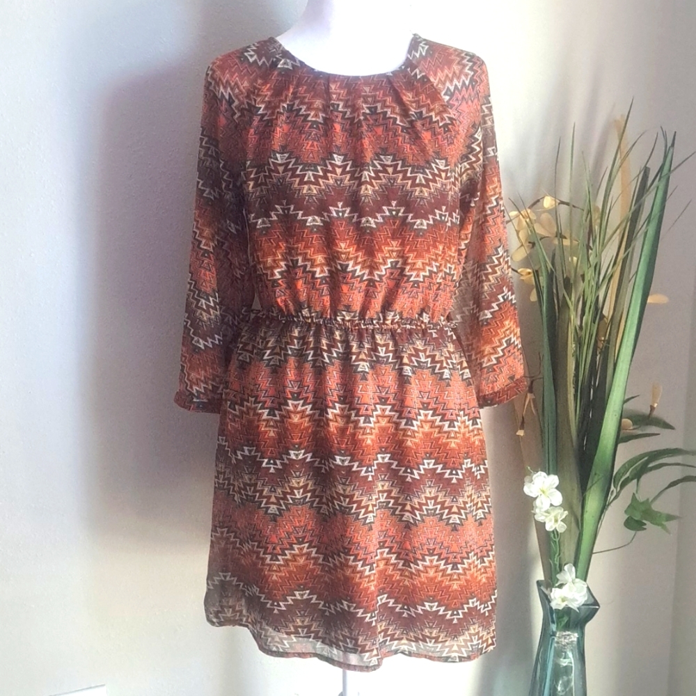 Forever 21 Geometric in brown Mini Dress Long Sleeve Size Small Semi Sheer Lined